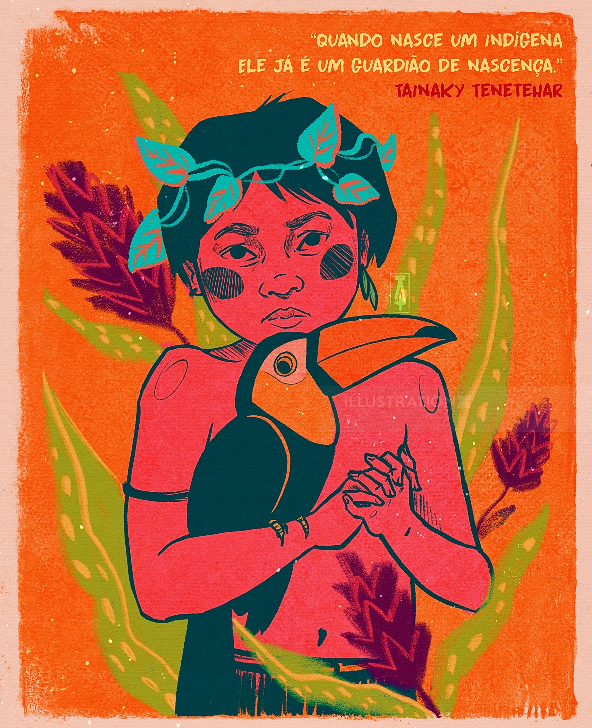 Illustration of an indigenous guardian holding a toucan, by Tai