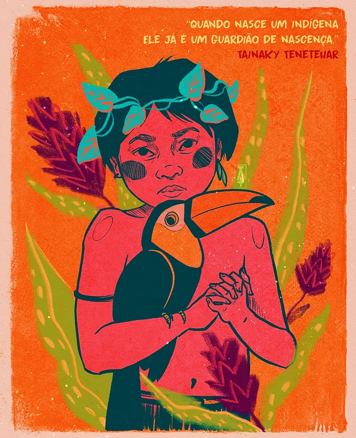 Illustration of an indigenous guardian holding a toucan, by Tai