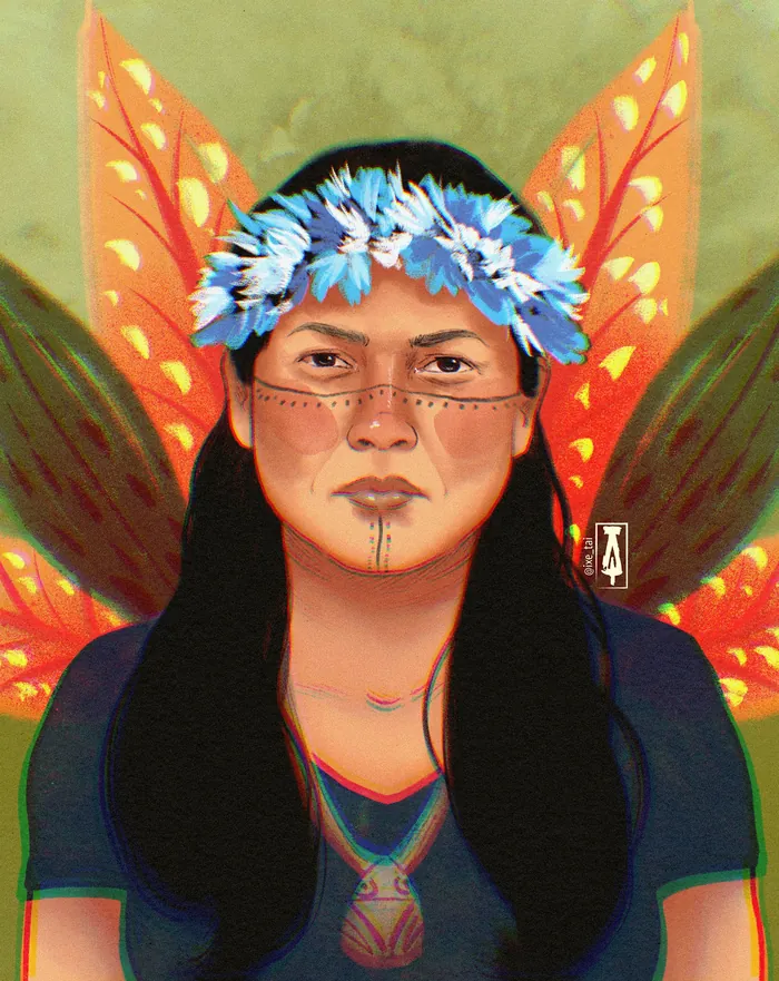 Portrait of an Indigenous woman wearing a blue floral crown by Tai