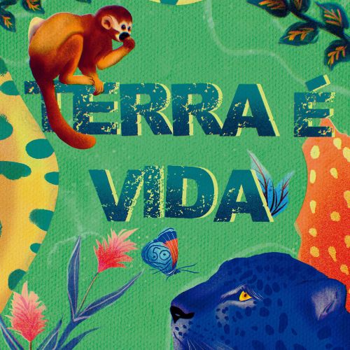 Colorful wildlife and plants surrounding Terra é Vida text by Tai