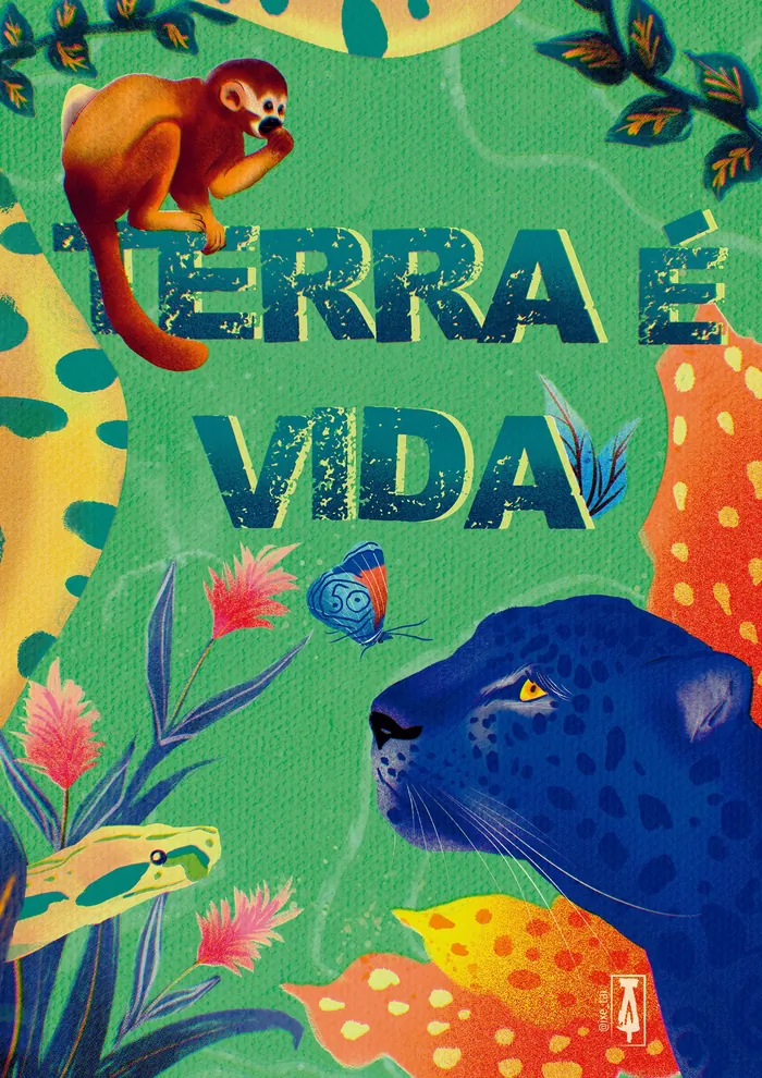 Colorful wildlife and plants surrounding Terra é Vida text by Tai