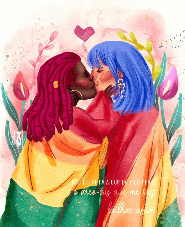 Illustration of two women sharing a kiss with colorful background by Tai