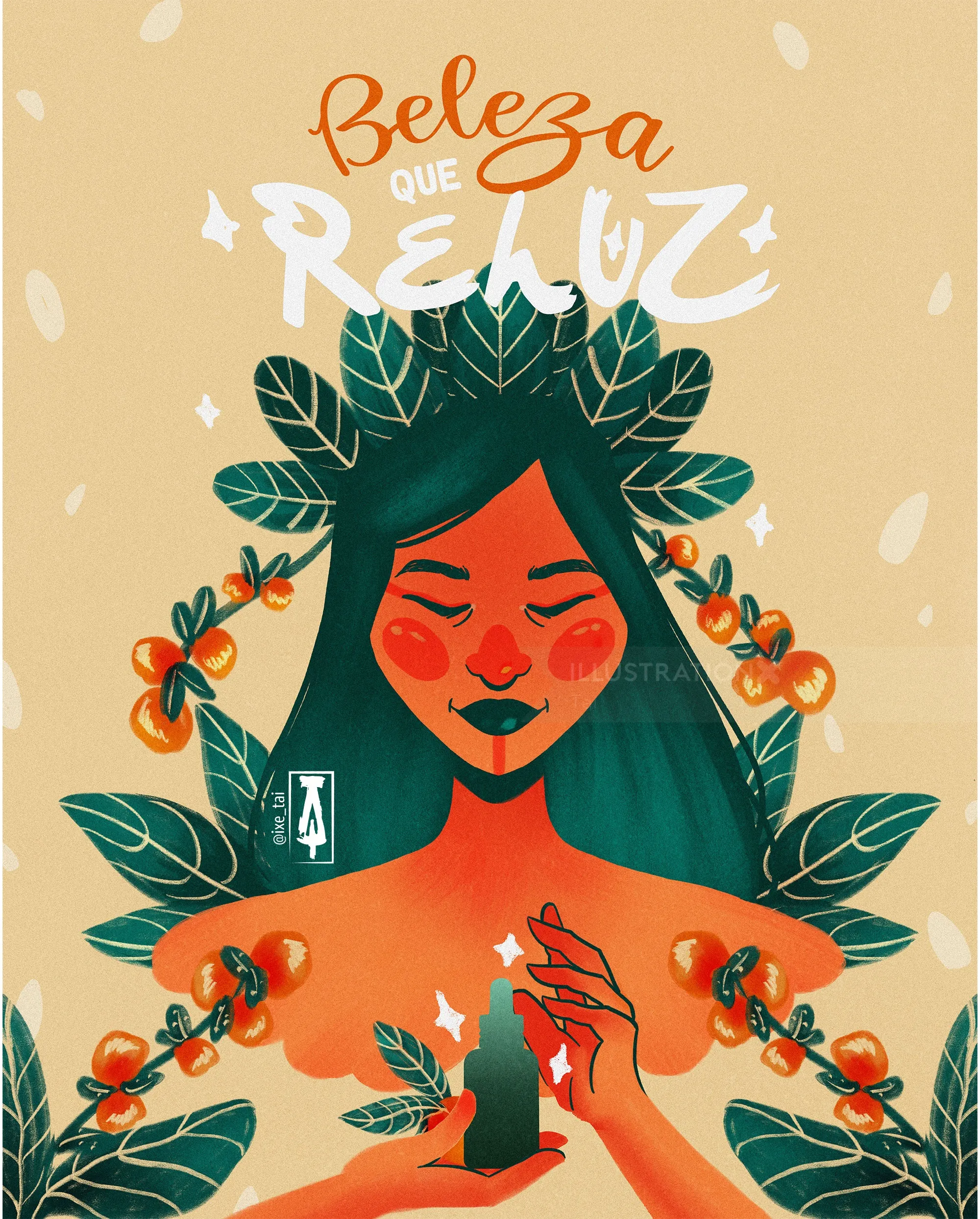 Illustration of a woman holding a candle among green leaves by Tai