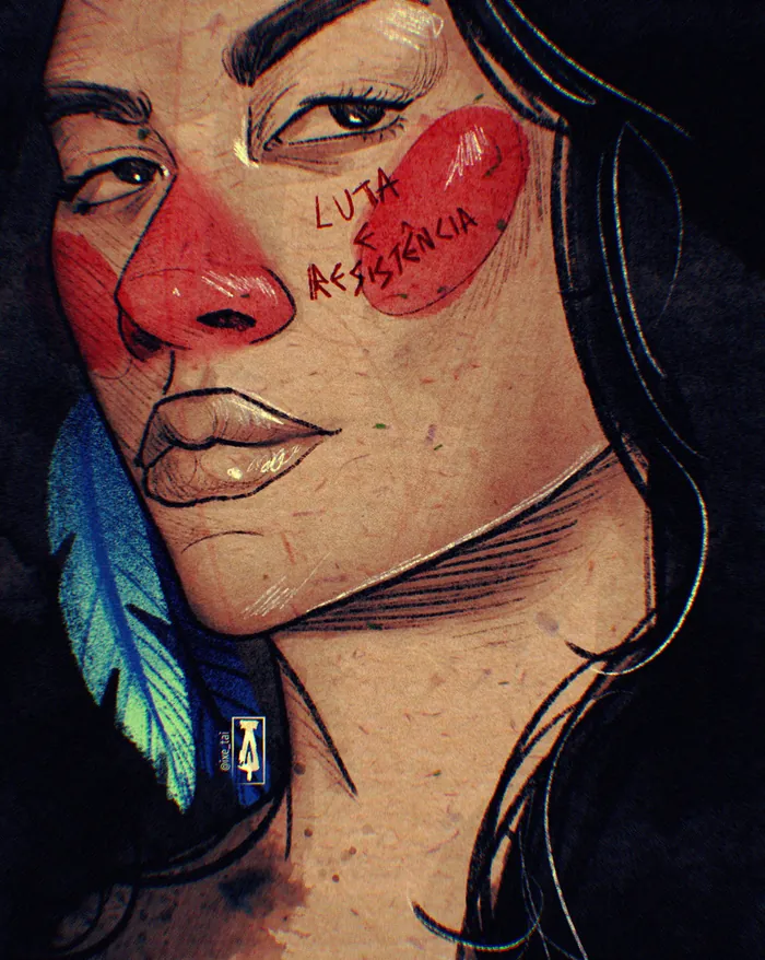 Portrait of a woman with red face paint and blue feather earring, artwork by Tai