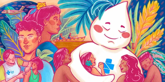 Zé Gotinha character with children and colorful tropical plants by Tai