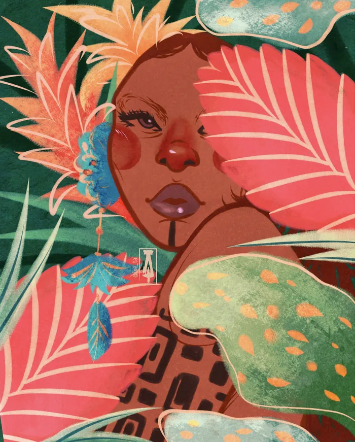 Portrait of a woman with tropical leaves and flowers in bright colors