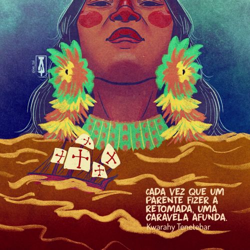 Illustration of Indigenous woman with feather earrings and sinking ship