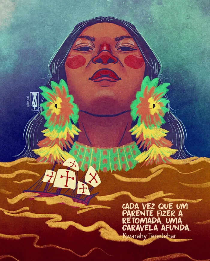 Illustration of Indigenous woman with feather earrings and sinking ship