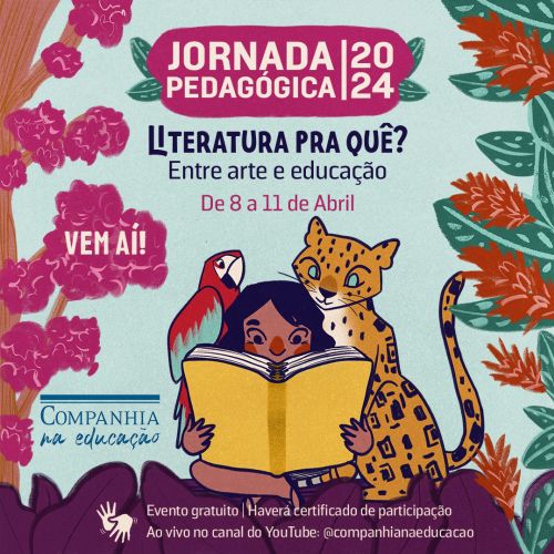 Illustration of a child reading a book with a jaguar and colorful plants