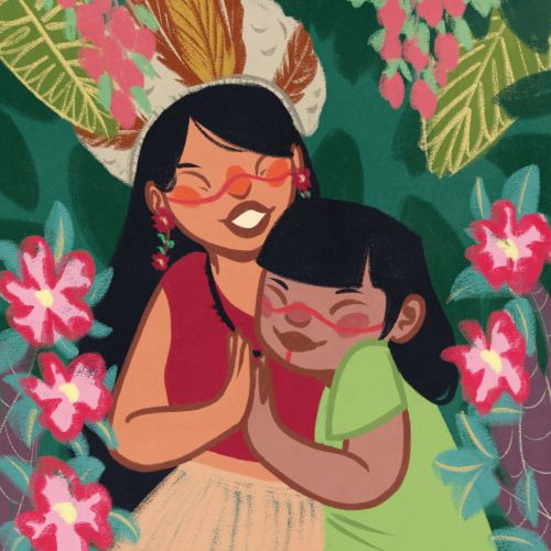 Two girls hugging surrounded by colorful flowers and leaves