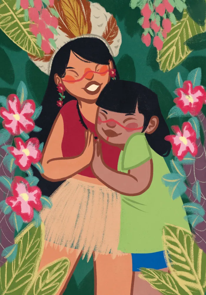 Two girls hugging surrounded by colorful flowers and leaves