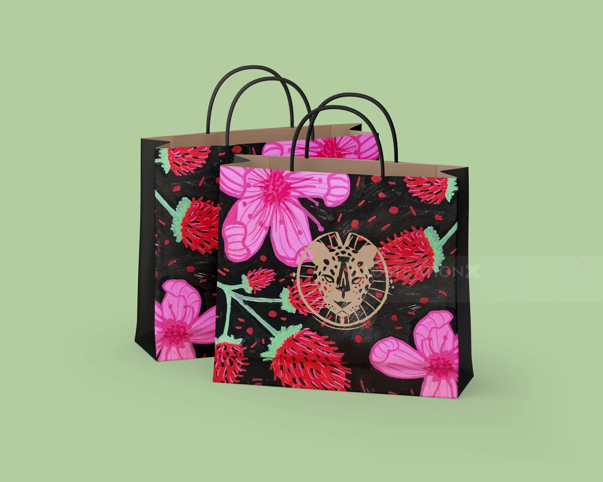 Black shopping bags with red and pink flower designs on green background