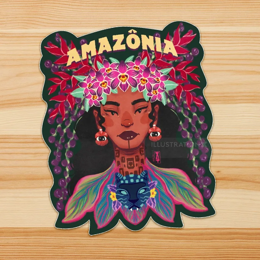 Illustration of Amazonian woman with flower crown and tribal decorations