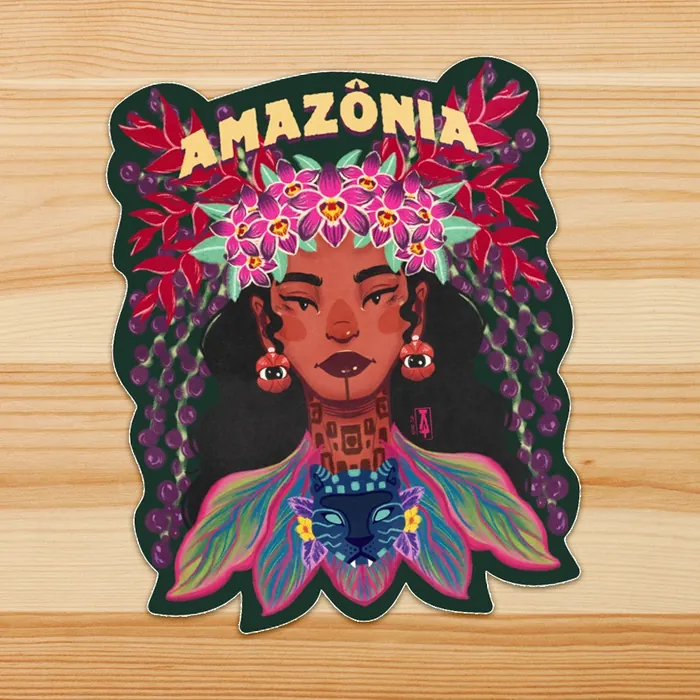 Illustration of Amazonian woman with flower crown and tribal decorations