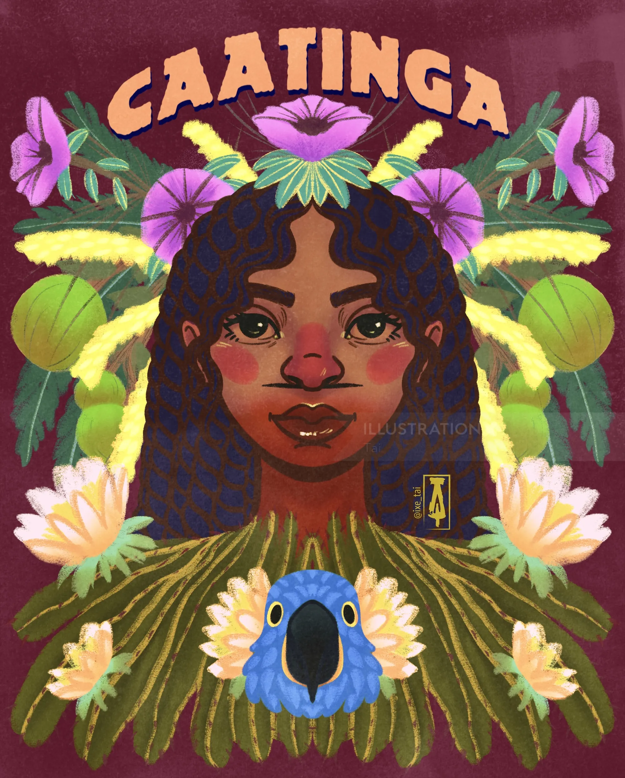 Illustration of a woman surrounded by tropical plants and a blue bird