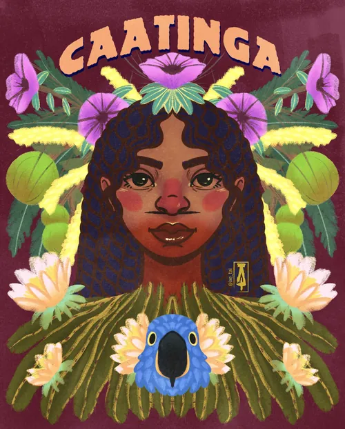 Illustration of a woman surrounded by tropical plants and a blue bird