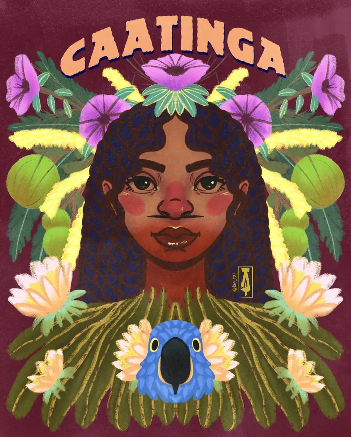 Illustration of a woman surrounded by tropical plants and a blue bird