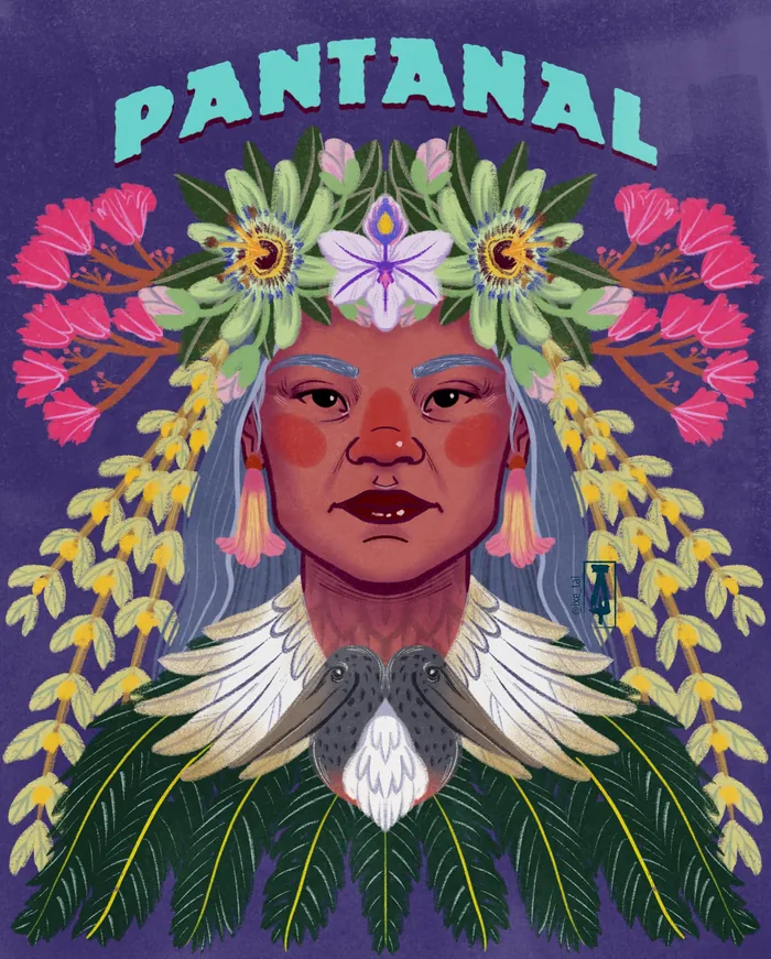 Portrait of a woman with floral and bird headdress on purple background