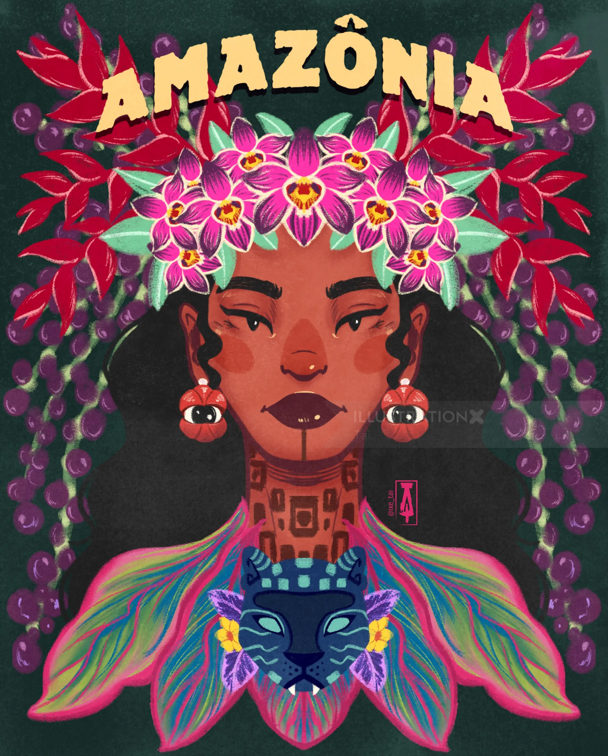 Amazonian woman with floral headdress and colorful tribal attire