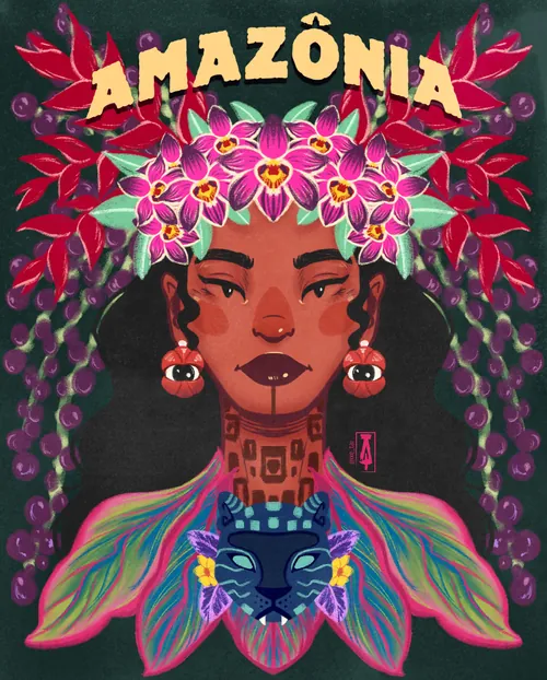 Amazonian woman with floral headdress and colorful tribal attire