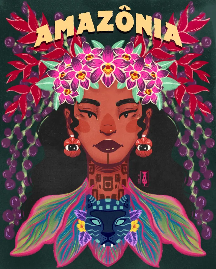 Amazonian woman with floral headdress and colorful tribal attire