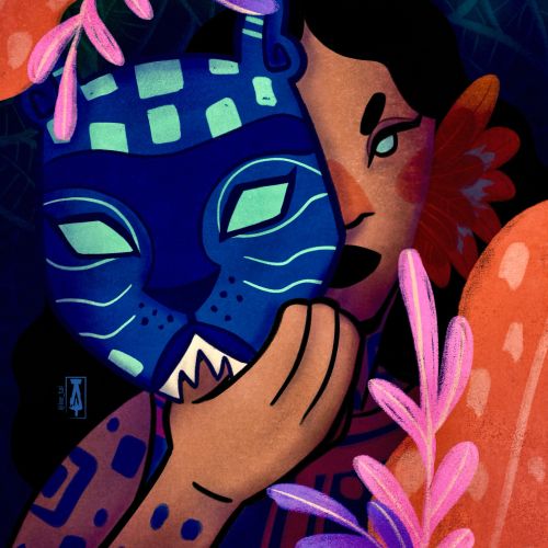 Person holding blue feline mask with pink and orange plant elements