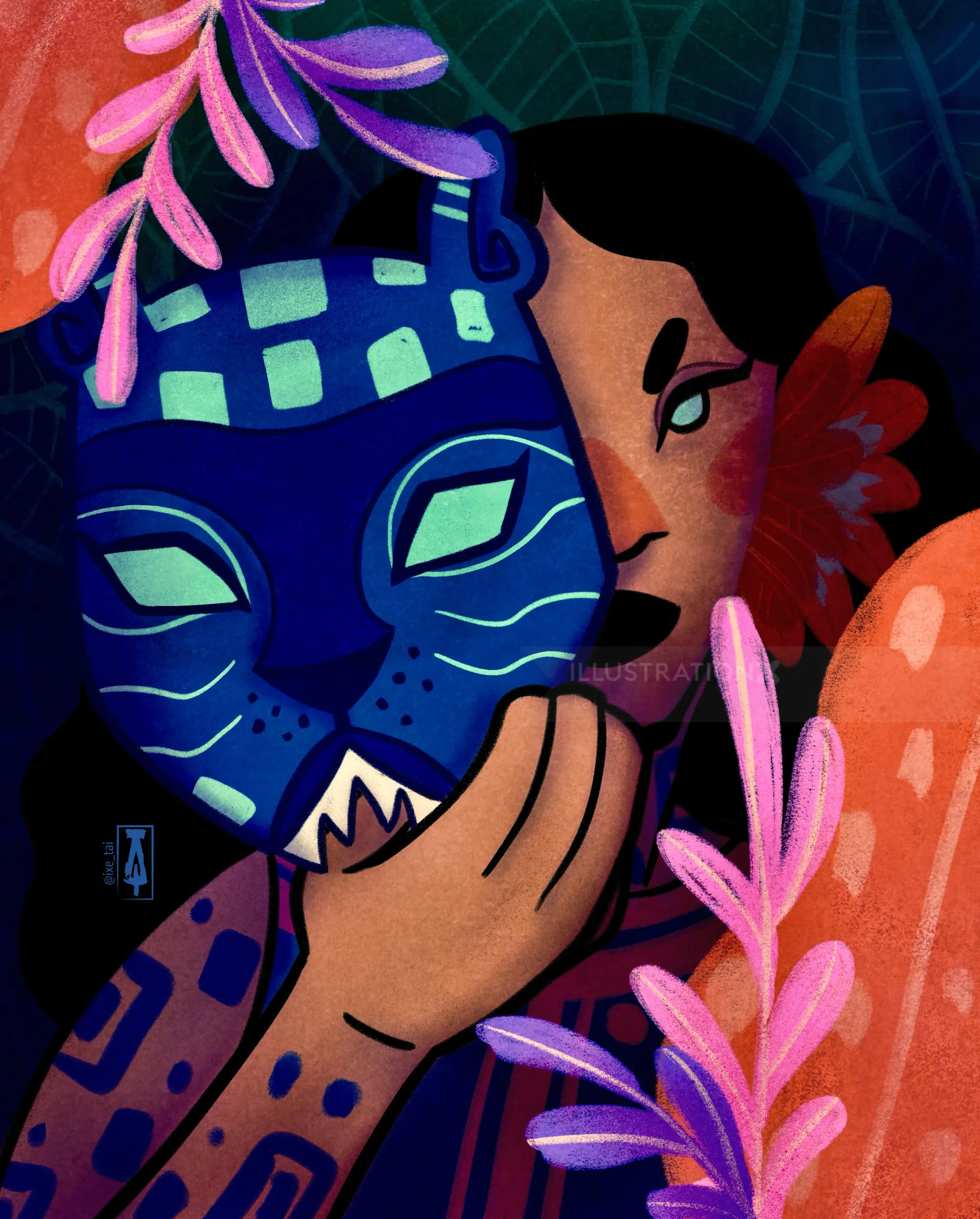 Person holding blue feline mask with pink and orange plant elements