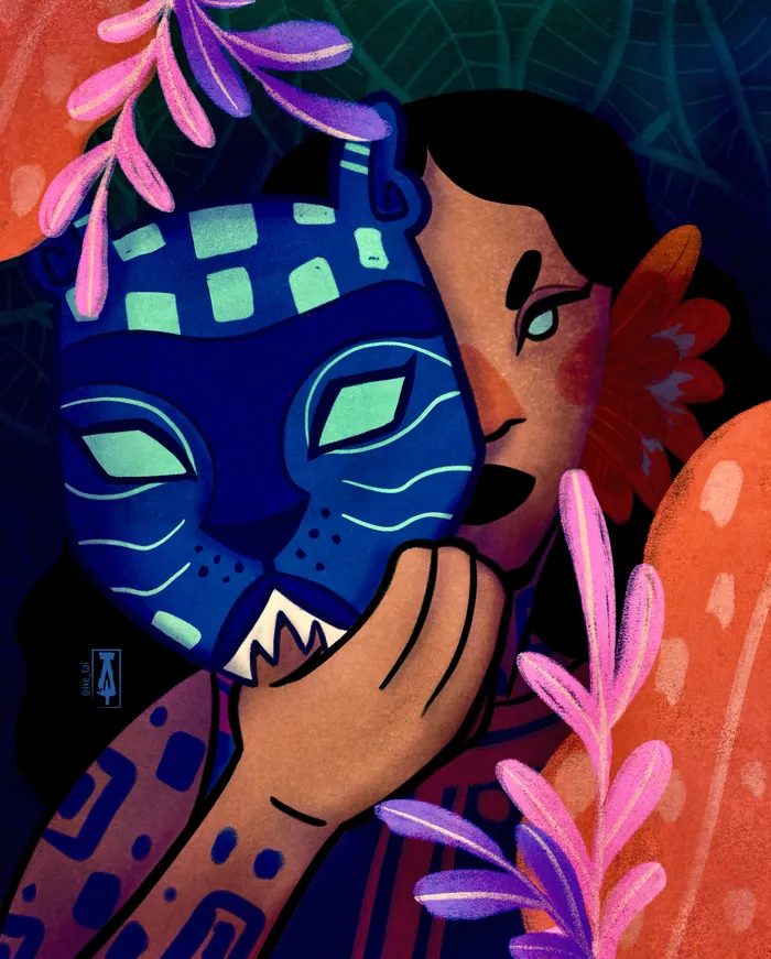 Person holding blue feline mask with pink and orange plant elements