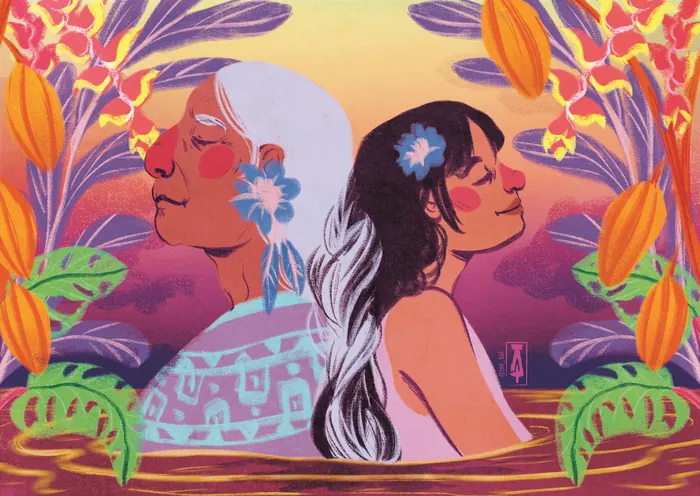 Two women with flowers in their hair surrounded by colorful plants