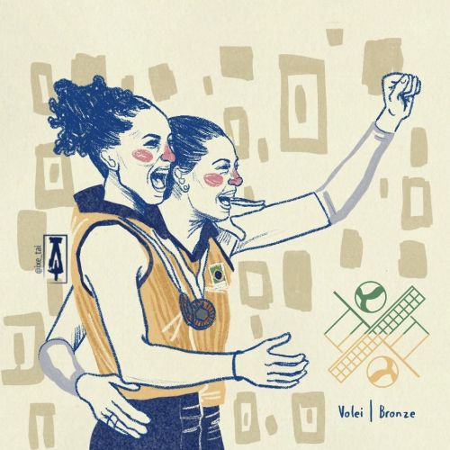 Two female volleyball players celebrate winning a bronze medal