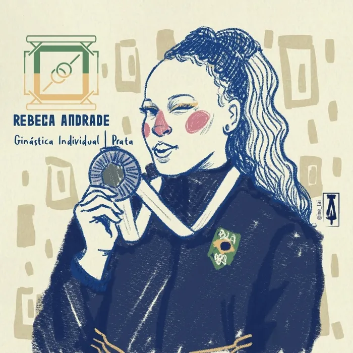 Illustration of Rebeca Andrade holding a silver medal for gymnastics