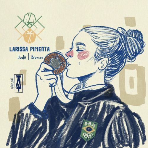 Illustration of Larissa Pimenta kissing her Olympic bronze medal