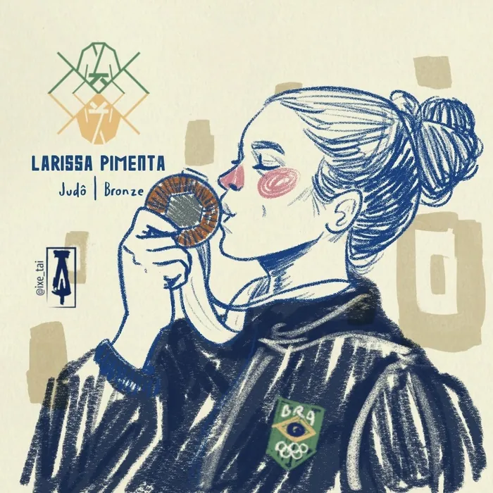 Illustration of Larissa Pimenta kissing her Olympic bronze medal
