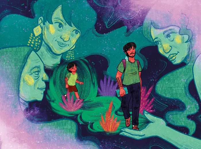 Man and child surrounded by large translucent faces in a mystical setting