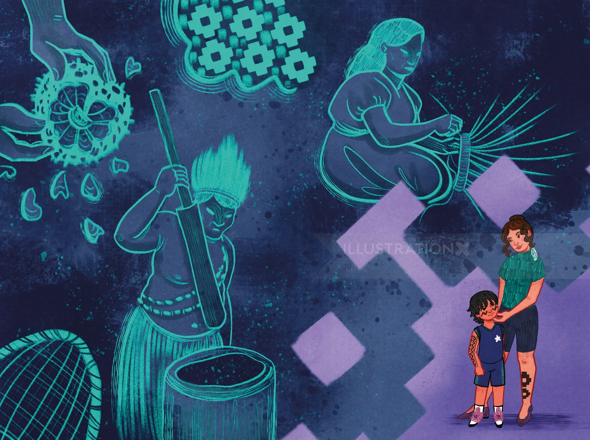 Illustration of indigenous people and a woman with a child in dark blue tones