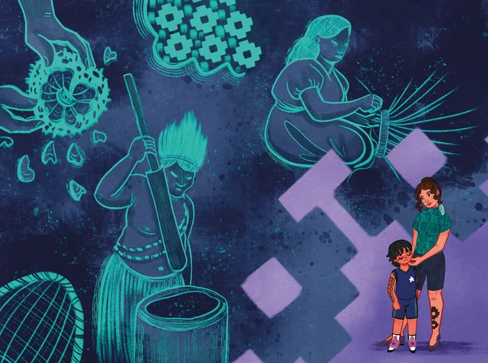 Illustration of indigenous people and a woman with a child in dark blue tones