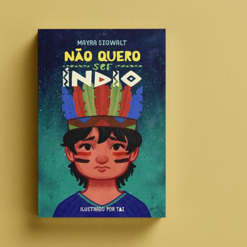 Book cover with illustration of indigenous child and colorful feathers