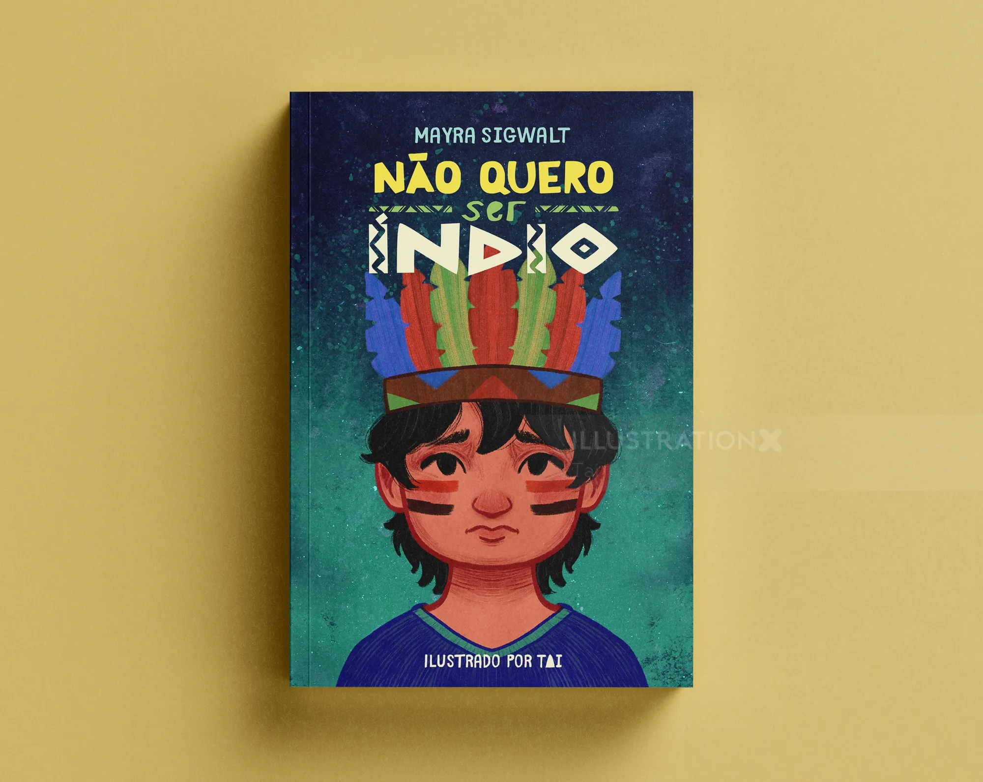 Book cover with illustration of indigenous child and colorful feathers