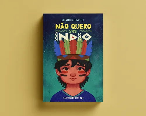 Book cover with illustration of indigenous child and colorful feathers