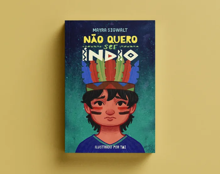 Book cover with illustration of indigenous child and colorful feathers