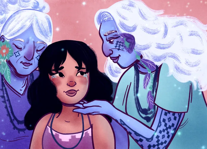 Three women with blue skin surround a girl with black hair and warm skin