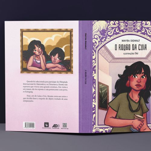 Book cover and back of 'O Roubo da Cuia' with illustrated characters