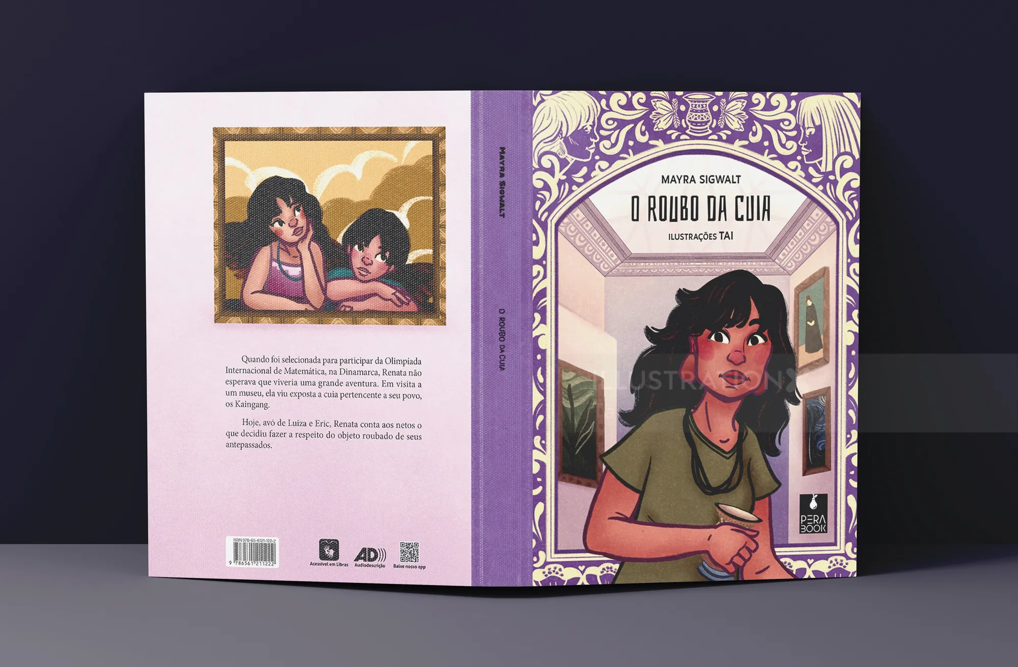 Book cover and back of 'O Roubo da Cuia' with illustrated characters