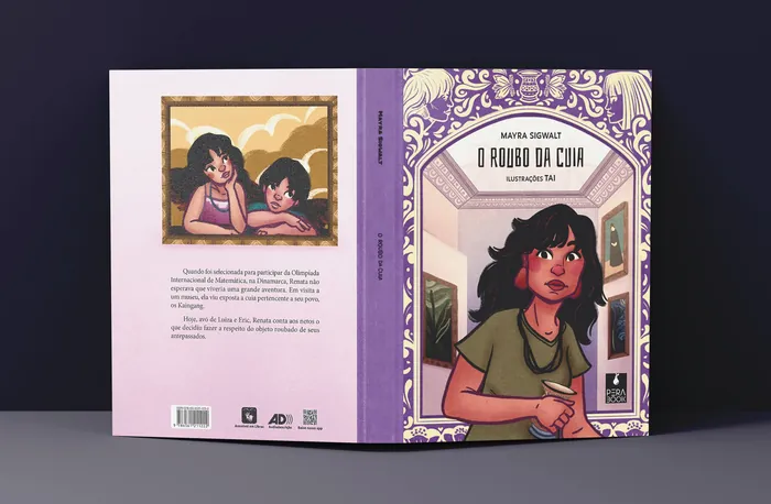 Book cover and back of 'O Roubo da Cuia' with illustrated characters