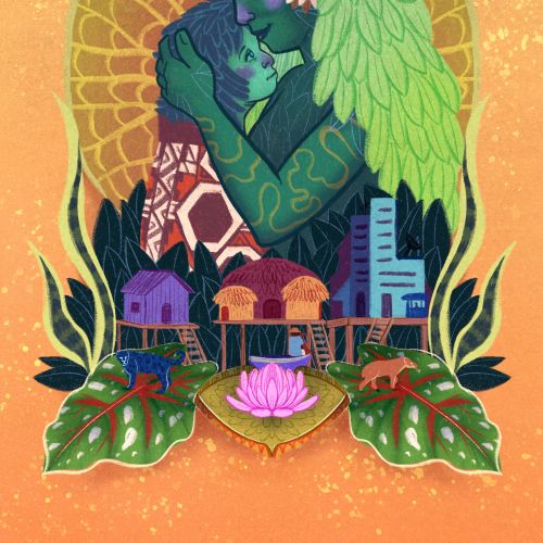 Two figures embracing with green leafy hair and nature patterns by Tai