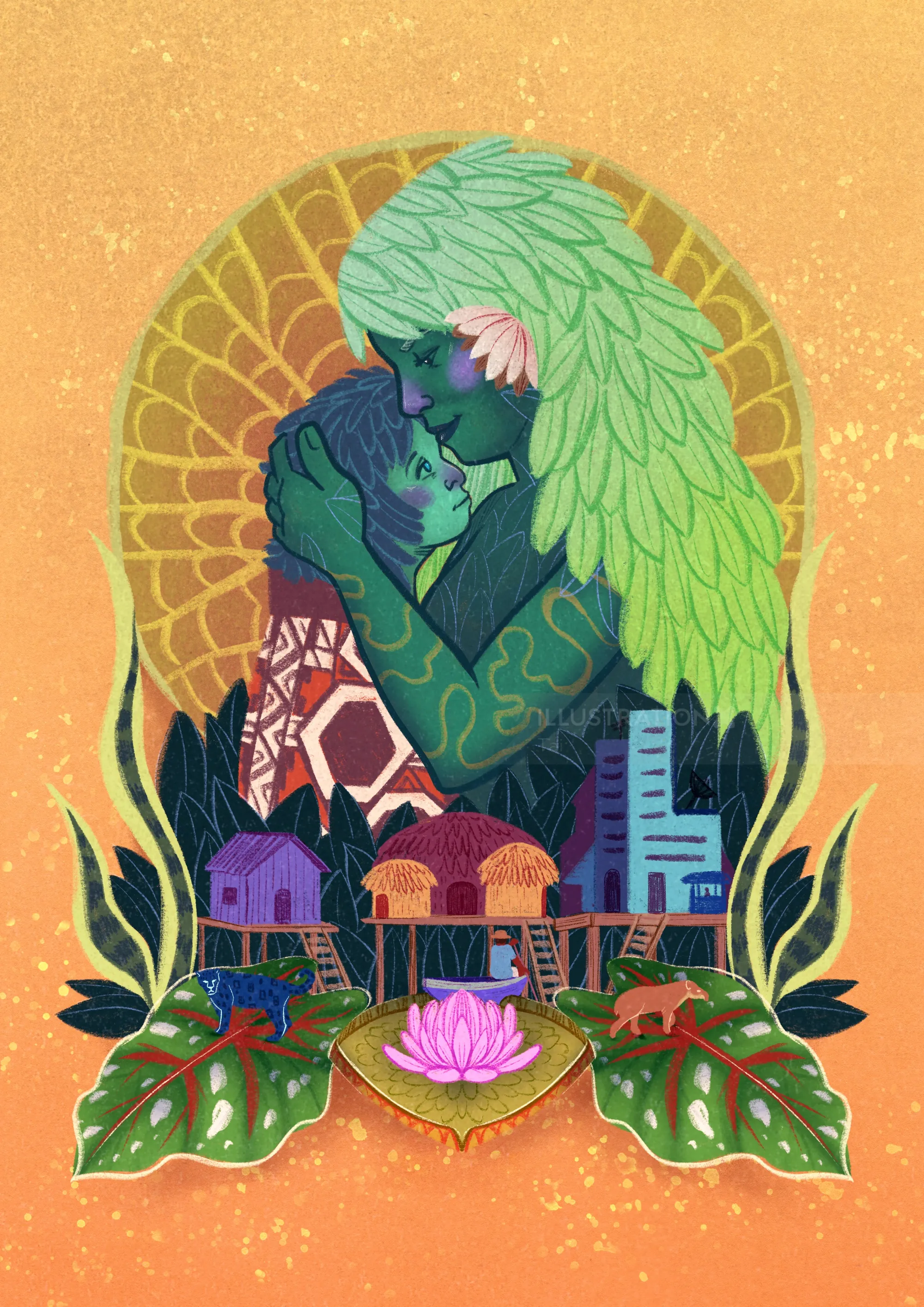 Two figures embracing with green leafy hair and nature patterns by Tai