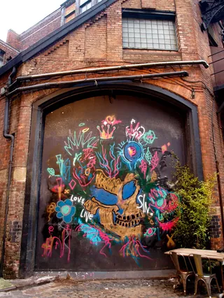 Colorful skull mural with flowers in brick alley by Tallon Live Event Drawing