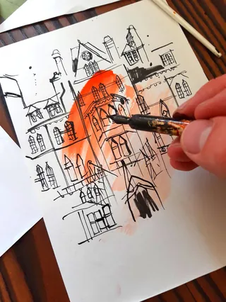 Hand drawing of Silverstone architecture with ink and watercolor by Tallon Live Event Drawing