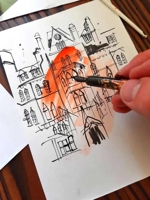 Hand drawing of Silverstone architecture with ink and watercolor by Tallon Live Event Drawing