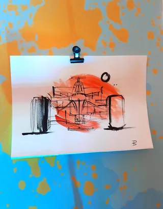 Ink and watercolor sketch of a Formula 1 car by Tallon Live Event Drawing